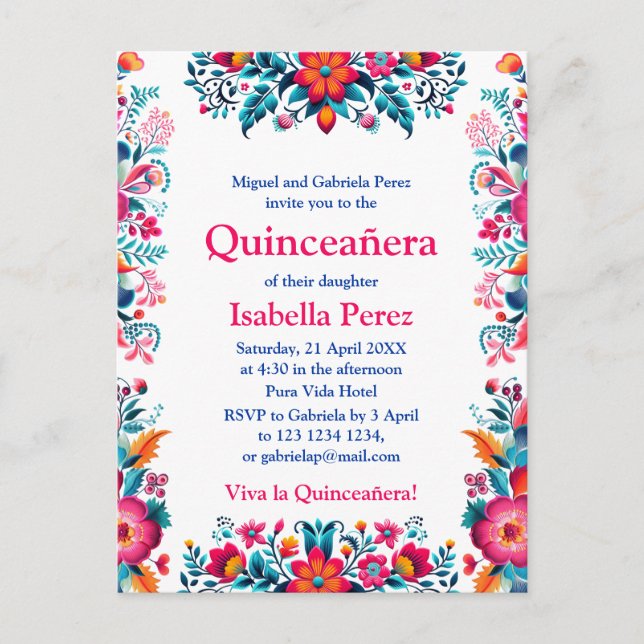 Blommig Quinceanera Vit Mexikansk Födelsedagsfest Vykort (Framsida)