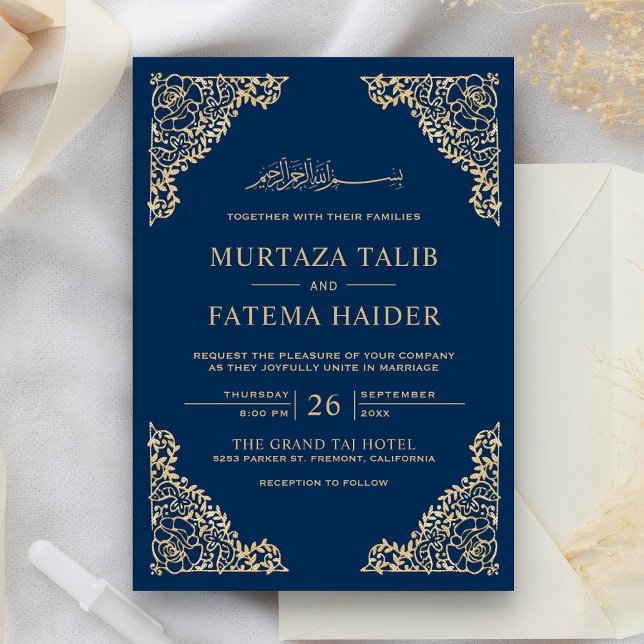 Blommig ram Blå och Guld Islamisk Muslimsk Bröllop Inbjudningar (Skapare uppladdad)