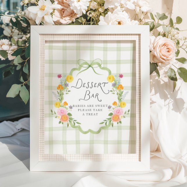 Blommig Ram Grön Rutig Baby Shower Efterrätssbar Poster (Skapare uppladdad)