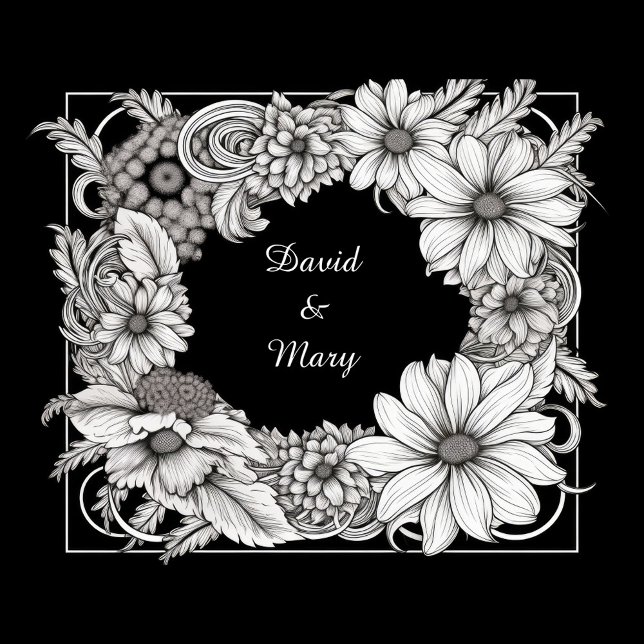 Blommig Ram Kudde (A black and white illustration features a floral frame surrounding the names "David & Mary.)