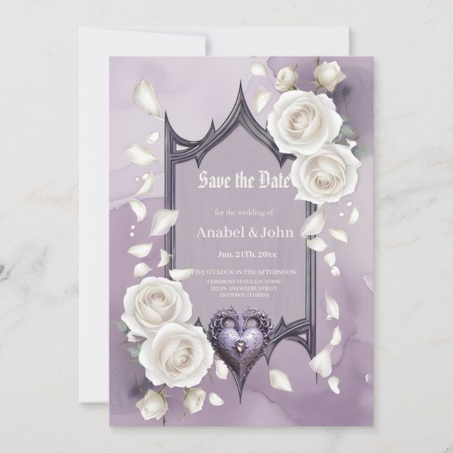 Blommig ram med hjärta och vita rosor spara datumet (Framsida)