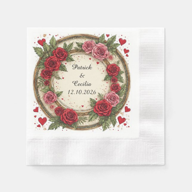 Blommig ram med röda och rosa rosor pappersservett (Framsidan)