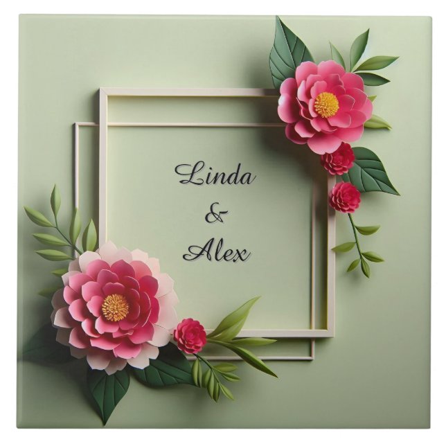 Blommig ram med rosa blommor kakelplatta (Framsidan)