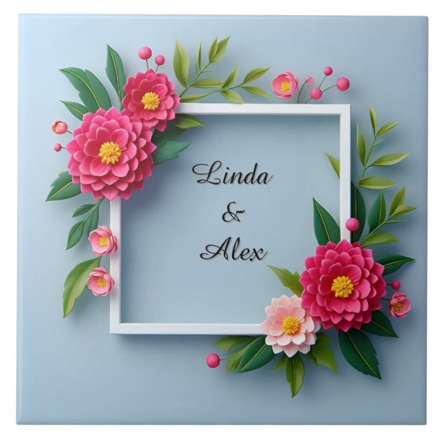 Blommig ram med rosa blommor kakelplatta (Framsidan)
