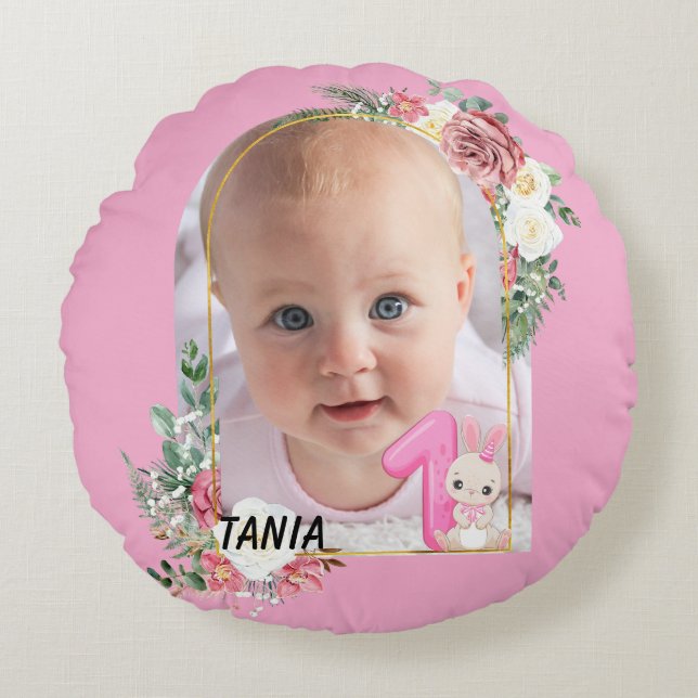 Blommig ram rosa Baby flicka Första julen Rund Kudde (Framsidan)