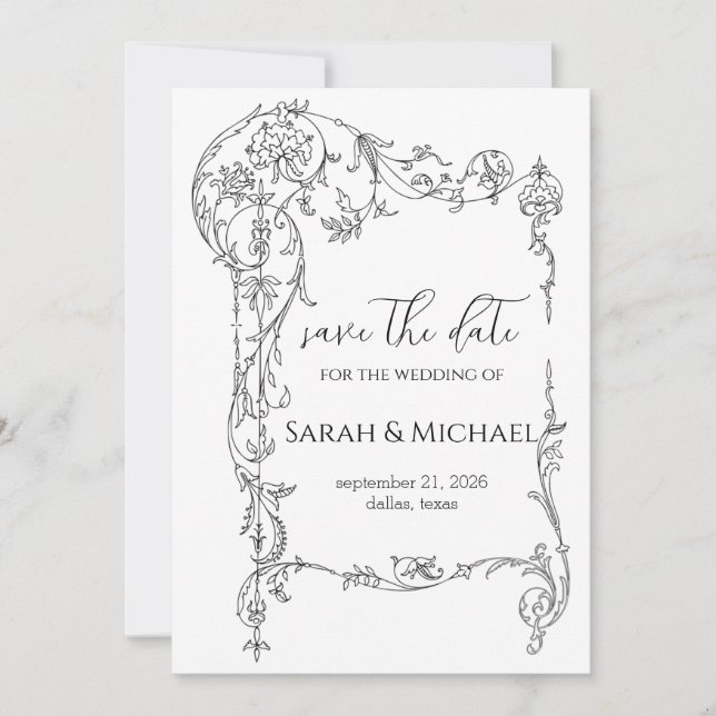 Blommig ram Spara datum Bröllopsinbjudan Datumet (Framsida)
