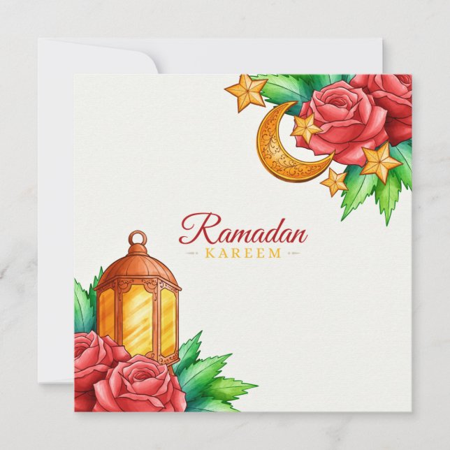 blommig Ramadan Kareem | Guld halvmåne och lykta Julkort (Framsida)