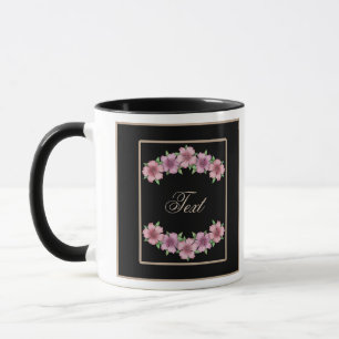 Blommig ramserie tecknade blommor beige kant svart mugg
