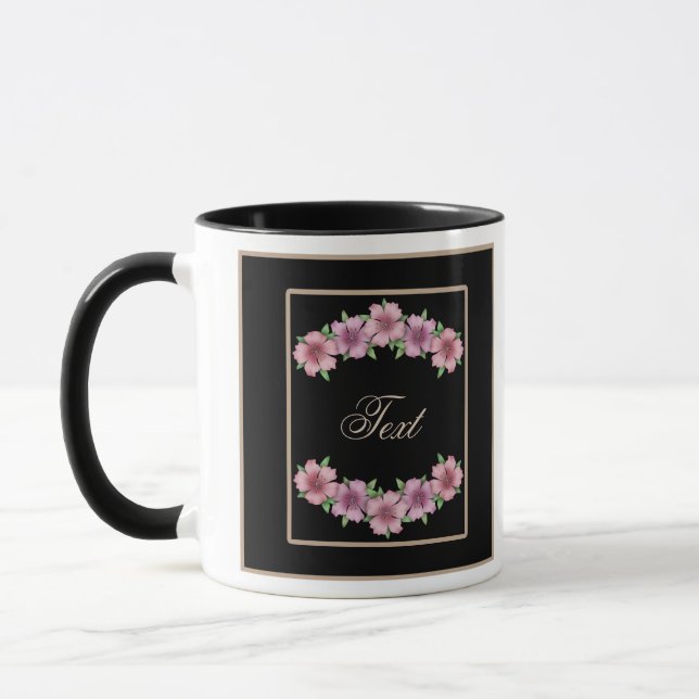 Blommig ramserie tecknade blommor beige kant svart mugg (Vänster)