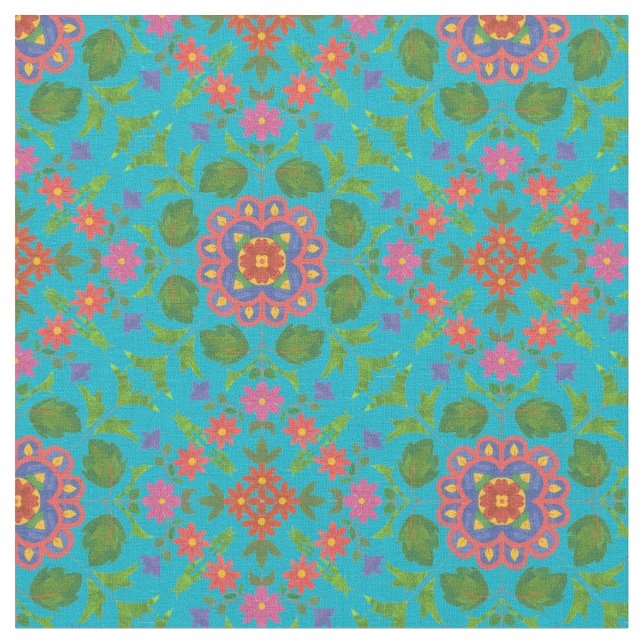 Blommig Rangoli-mönster Turkos Anpassad Tyg (Närbild)