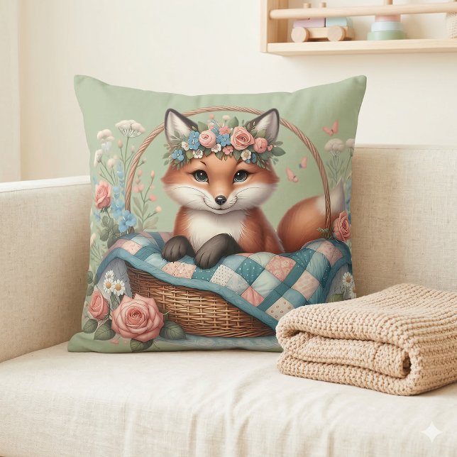 Blommig räv i korg med täcke och blommor kudde (Floral Fox in Basket with Quilt & Flowers Throw Pillow Mockup A)
