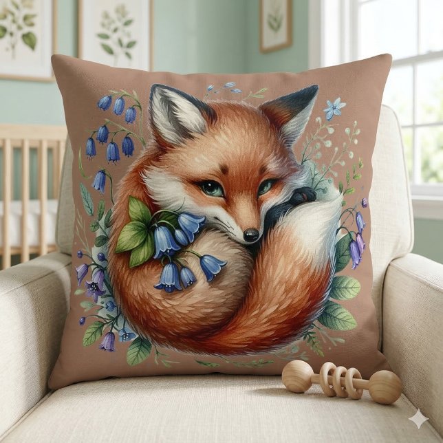 Blommig Rävgrafisk Skogsbotanisk Konst Kudde (Floral Fox Botanical Woodland Art Throw Pillow Mockup A)