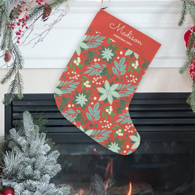 Blommig Röd Djärv Högtid Stor Julstrumpa (Floral Red Bold Holiday Large Christmas Stocking)