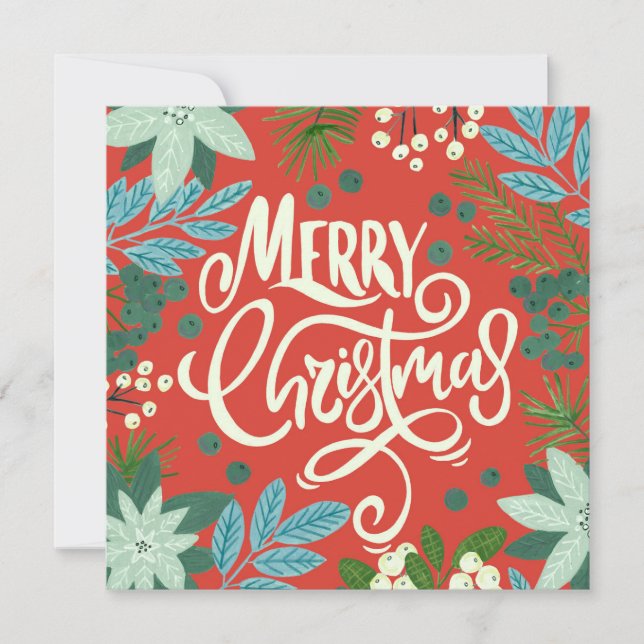 Blommig röd jul fotohögtidskort julkort (Framsida)