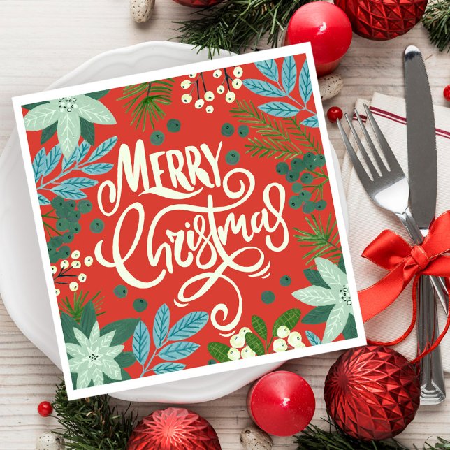 Blommig röd jul  pappersservett (Floral red Christmas Napkins)
