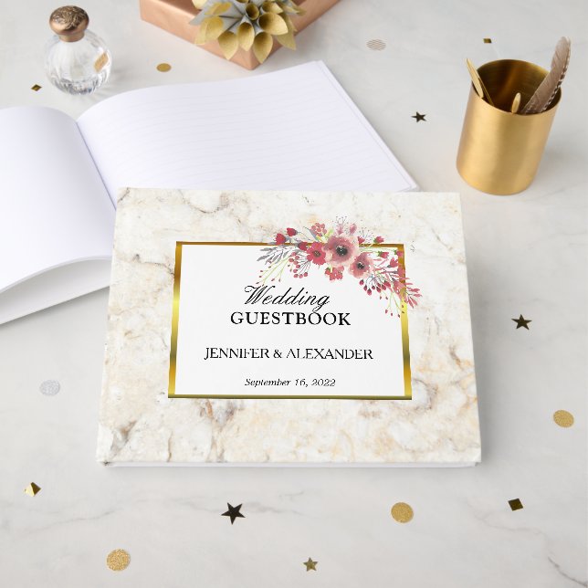 Blommig röd rosa akvarell vit marmor Bröllop Gästböcker (Framsida Öppen)