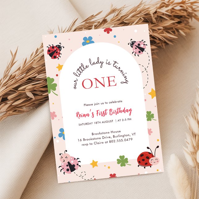 Blommig Röd Rosa Söt Insekt Nyckelpiga 1-års födel Inbjudningar (Skapare uppladdad)