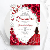Blommig Röd Silver Quinceanera