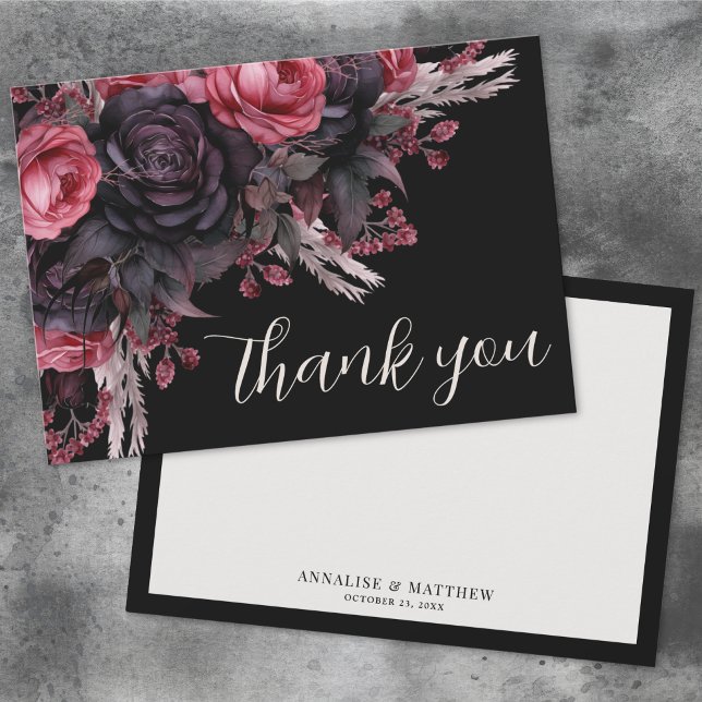Blommig Röd Svart Gotisk Bröllop Tack Kort (Floral Red Black Gothic Wedding Thank You Card)