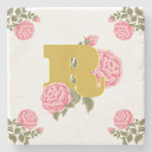 Blommig Ros Första Bokstaven Monogram Namn Par Stenunderlägg