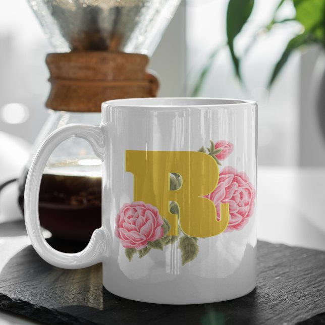 Blommig Ros Initialbokstav Monogram Namn Par Kaffemugg (Skapare uppladdad)