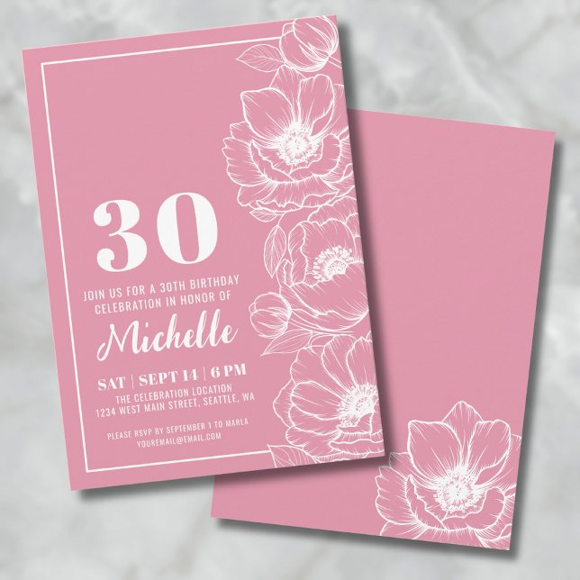 Blommig Rosa 30-årsdag Inbjudningar (Floral Pink 30th Birthday Invitation)