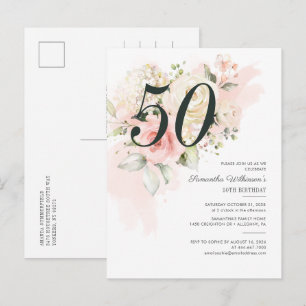 Blommig Rosa 50-årsdag Botanisk Fest Inbjudan Vykort