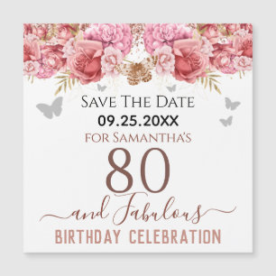 Blommig Rosa 80-årsdag Spara Datum Magnet