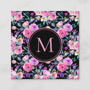 Blommig Rosa Akvarell Monogram Fyrkantigt Visitkort