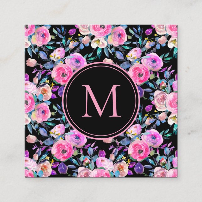 Blommig Rosa Akvarell Monogram Fyrkantigt Visitkort (Framsida)