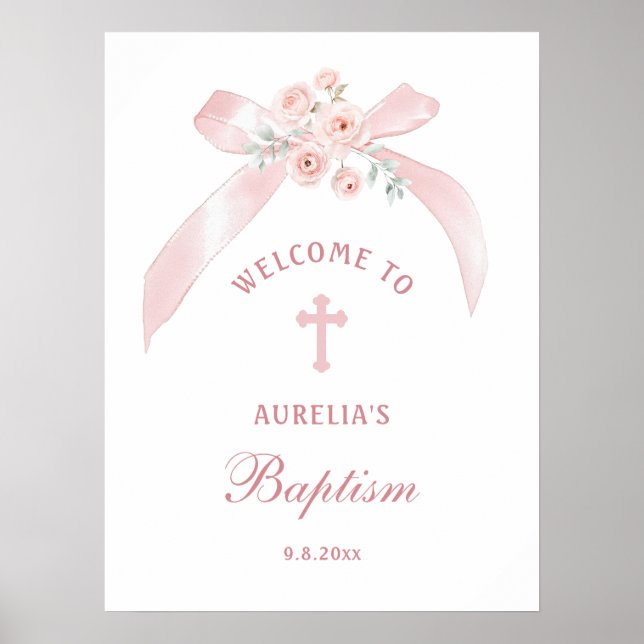 Blommig Rosa Båge Dop Välkommen Poster (Framsidan)