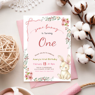Blommig Rosa Band Gingham Bunny Flicka 1-års Födel Inbjudningar