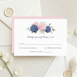 Blommig Rosa & Blå Hortensia Bröllop Svarskort Inbjudningar