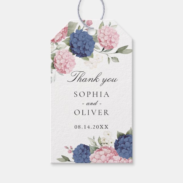 Blommig Rosa & Blå Hortensia Bröllop Tack Presentetikett (Framsidan)