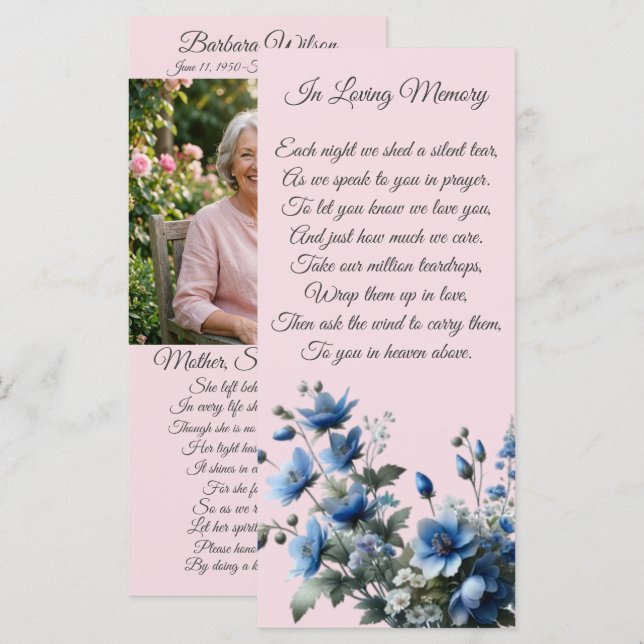 Blommig Rosa Blå Minneshögtidlig Bönkard (Fram/baksida)