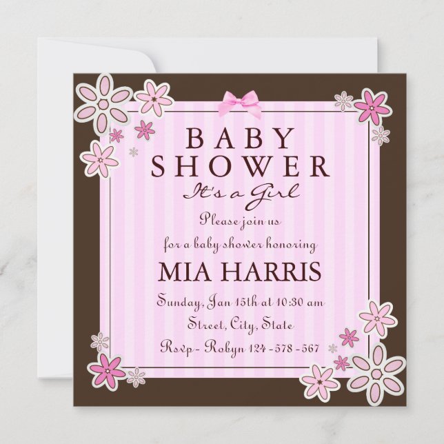 Blommig Rosa & Brun Bebis Shower Inbjudan (Framsida)