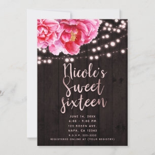 Blommig Rosa Brun Rustik Trä & Ljus Sweet 16 Inbjudningar