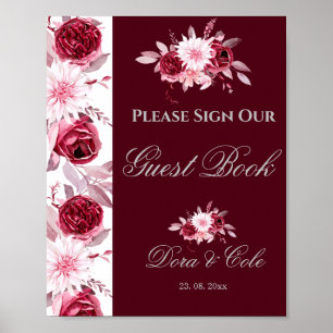Blommig Rosa Burgunder Bröllopsgästboksposter Poster