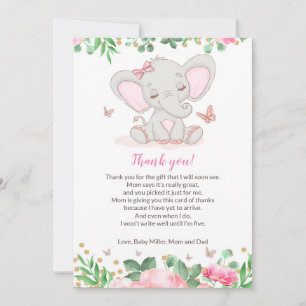 Blommig Rosa Elefant Baby Shower Tacksamhetskort Tack Kort
