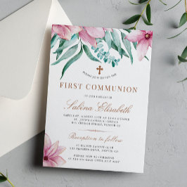 Blommig rosa elegant första kommunion inbjudningar
