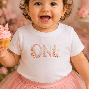 Blommig Rosa Ett Första Födelsedags Baby T-Shirt