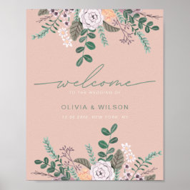 Blommig rosa eucalyptus bröllop välkommen poster