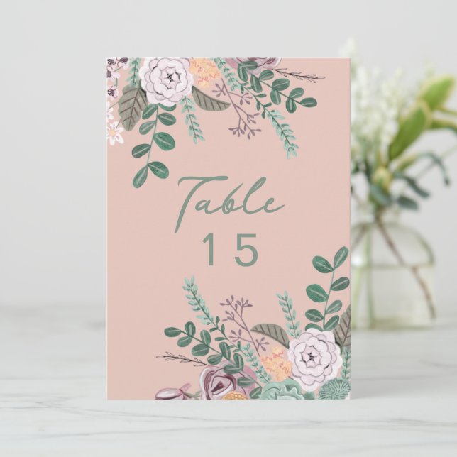 Blommig rosa eukalyptus bröllopsbord nummer inbjudningar (Stående Fram)