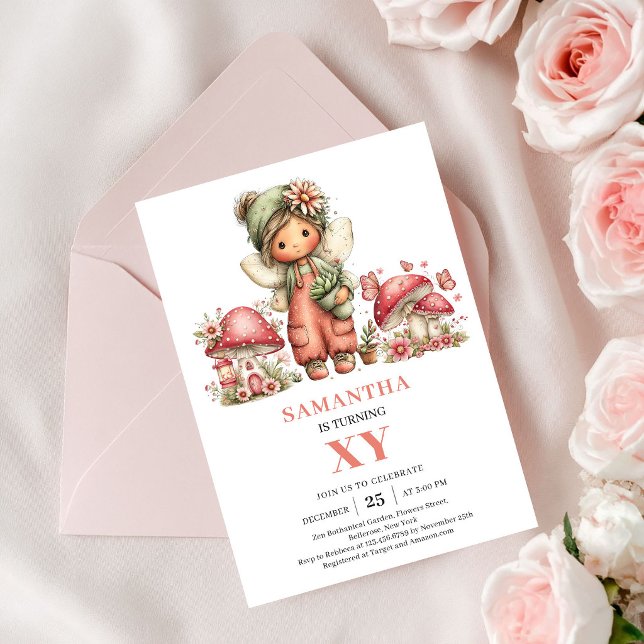 Blommig Rosa Fe 8-års Födelsedags Blush Inbjudning Inbjudningar (Floral Pink Fairy 8th Birthday Blush Invite Card)