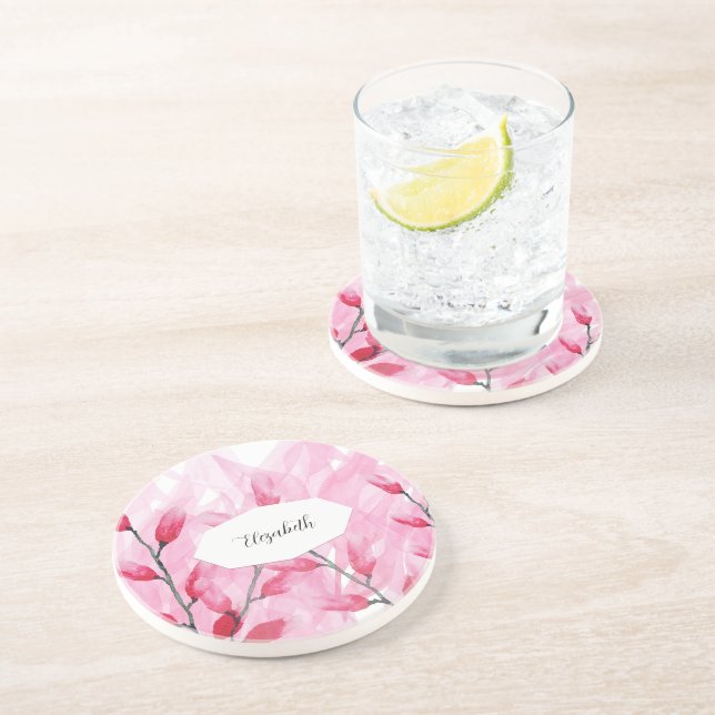 Blommig Rosa Fusion Vattenfärg Monogram Underlägg (Sidan)