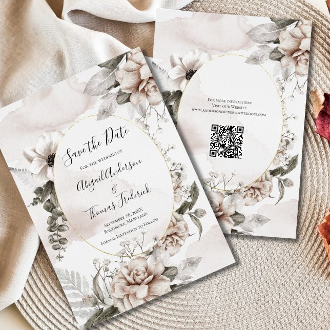 Blommig Rosa Grå Botanisk Akvarell Bröllop  Spara Datumet (Pink Gray Watercolor Floral Boho Flowers Wedding Save The Date Card)