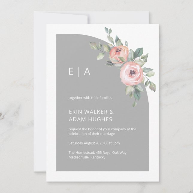 Blommig Rosa & Grå Minimalistisk Monogram Halv Båg Inbjudningar (Framsida)