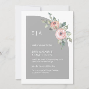 Blommig Rosa & Grå Minimalistisk Monogram Halv Båg Inbjudningar