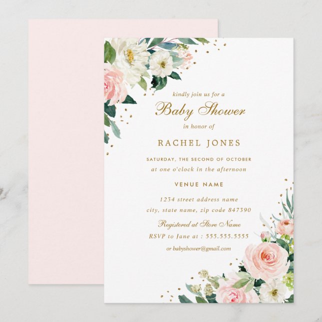 Blommig Rosa Guld Bröllop Baby Shower Inbjudningar (Fram/baksida)