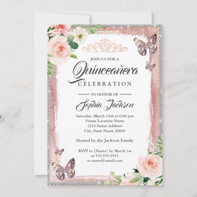 Blommig Rosa Guld Fjäril Glitter Quinceanera Inbjudningar (Framsida)
